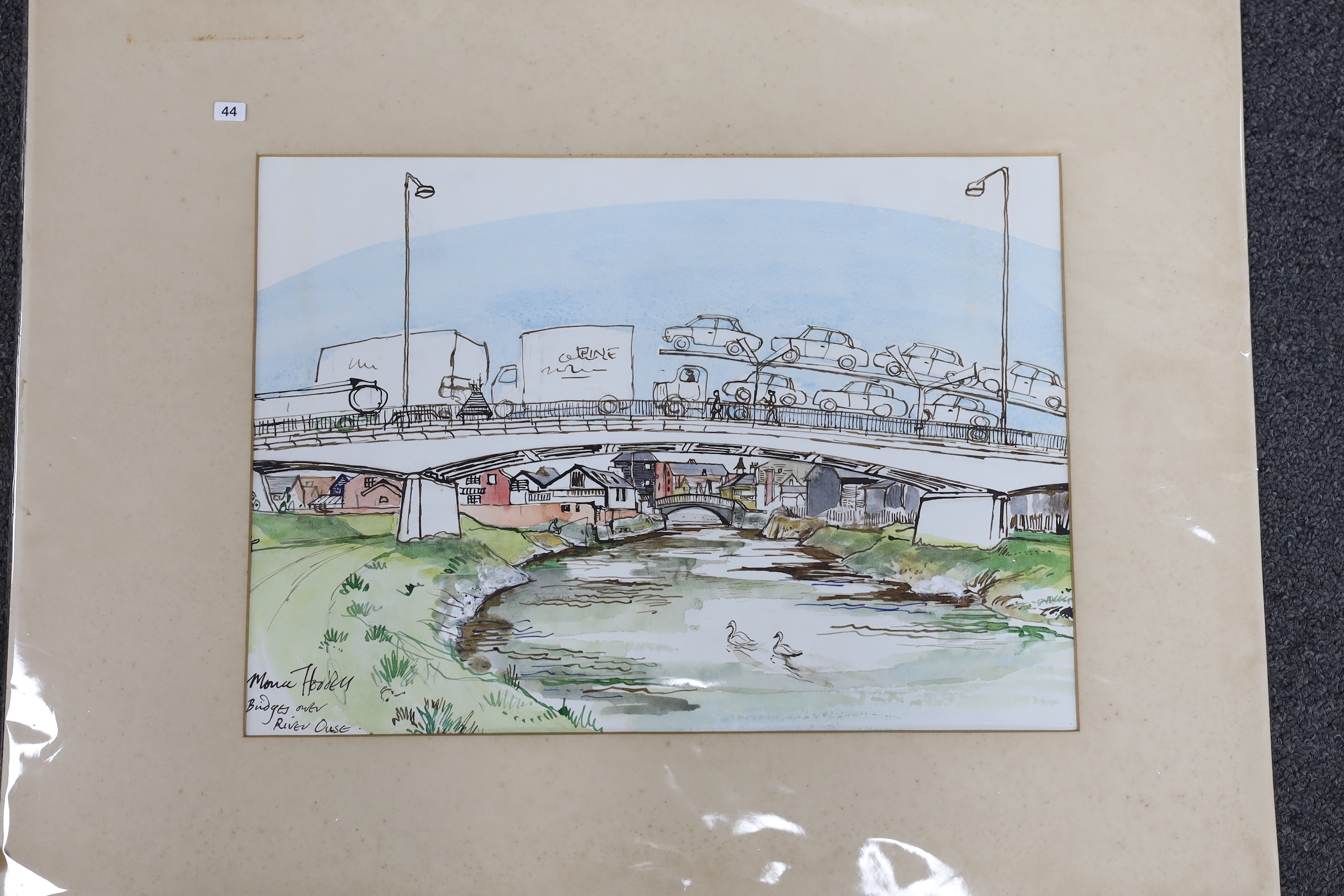 Moira Hoddell, four ink and watercolours, including Bridge over the river Ouse and Lewes Station, each signed, some with inscriptions, mounted, unframed, largest 24 x 34cm